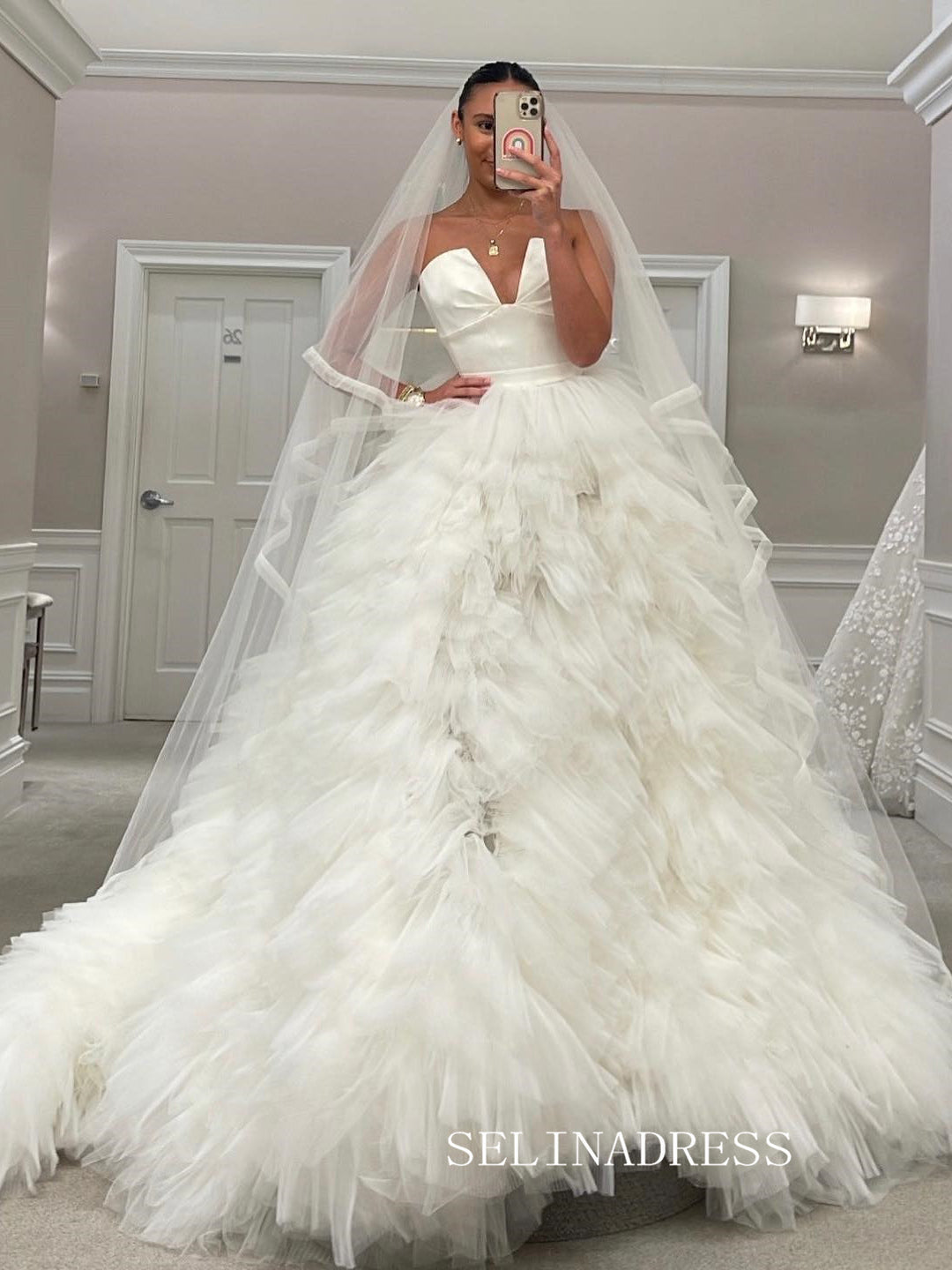 A-line Strapless V neck Ball Gown Ruffles Lyered Wedding Dresses sew1016|Selinadress