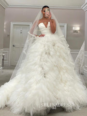 A-line Strapless V neck Ball Gown Ruffles Lyered Wedding Dresses sew1016|Selinadress