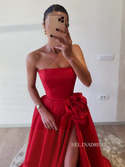 A-line Strapless V neck Red Long Prom Dress With Slit SEW1123|Selinadress