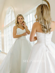 A-line Strapless V neck Satin White Wedding Dresses With Train ABB018|Selinadress