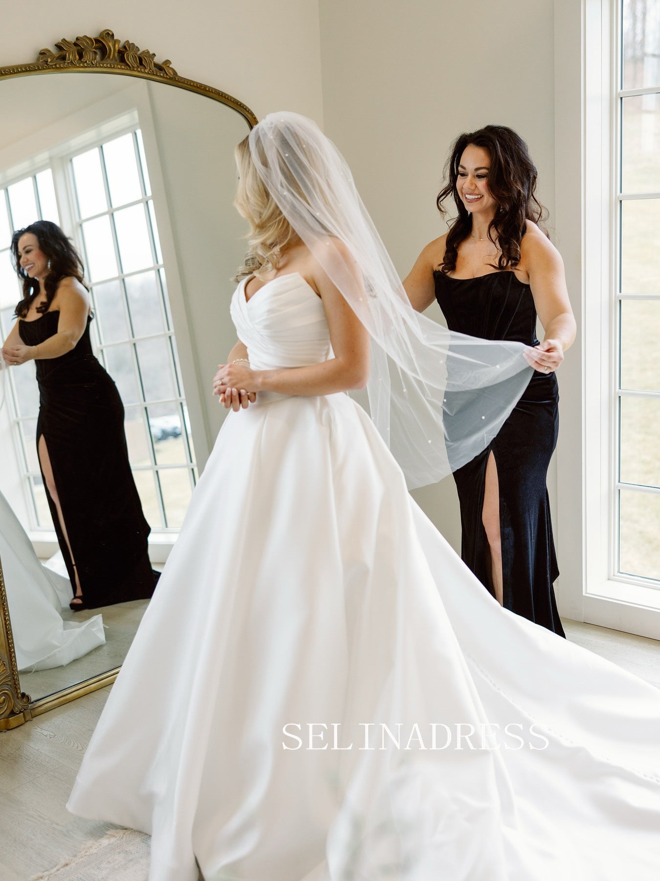 A-line Strapless V neck Satin White Wedding Dresses With Train ABB018|Selinadress