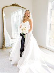 A-line Strapless V neck Satin White Wedding Dresses With Train ABB018|Selinadress