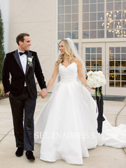 A-line Strapless V neck Satin White Wedding Dresses With Train ABB018|Selinadress