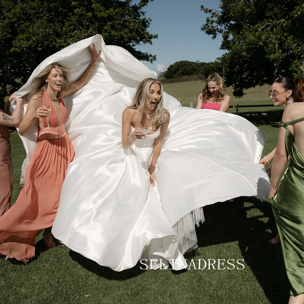 A-line Strapless V neck White Satin Wedding Dresses SER612|Selinadress