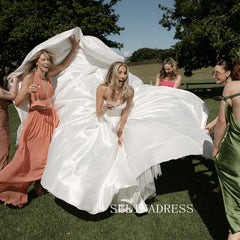 A-line Strapless V neck White Satin Wedding Dresses SER612|Selinadress