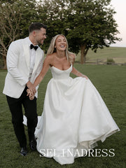 A-line Strapless V neck White Satin Wedding Dresses SER612|Selinadress