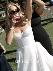 A-line Strapless V neck White Satin Wedding Dresses SER612|Selinadress