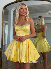 A-line Strapless Yellow Short Homecoming Dress With Beads #SEA248|Selinadress