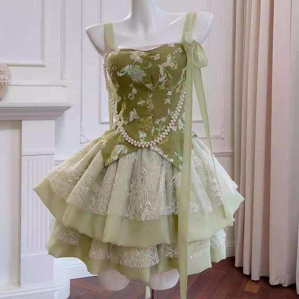 Cute Green Straps Satin A Line 15th Birthday Outfits Short Prom Dress With Bow