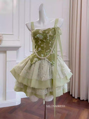A-line Straps Cute Green Short Prom Dress Layered Lace Homecoming Dresses #ANN012|Selinadress
