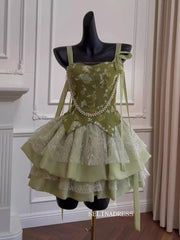A-line Straps Cute Green Short Prom Dress Layered Lace Homecoming Dresses #ANN012|Selinadress