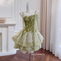 A-line Straps Cute Green Short Prom Dress Layered Lace Homecoming Dresses #ANN012|Selinadress