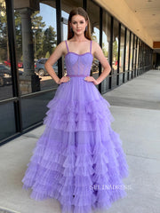A-line Straps Lilac Long Prom Dress Ruffles Evening Dress SEW1133|Selinadress