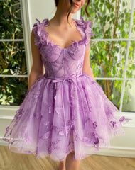 A-line Straps Lilac Short Prom Dress Butterfly Homecoming Dress KTS052|Selinadress