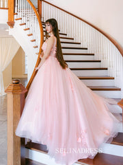 A-line Straps Pink Floral Tulle Long Prom Dress Cheap Formal Dress SQW032|Selinadress