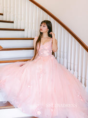 A-line Straps Pink Floral Tulle Long Prom Dress Cheap Formal Dress SQW032|Selinadress