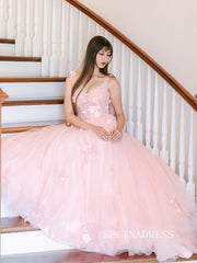 A-line Straps Pink Floral Tulle Long Prom Dress Cheap Formal Dress SQW032|Selinadress