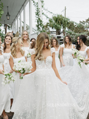 A-line Sweetheart Applique Lace Wedding Dresses Short Sleeve Rustic Wedding Gowns kop132|Selinadress