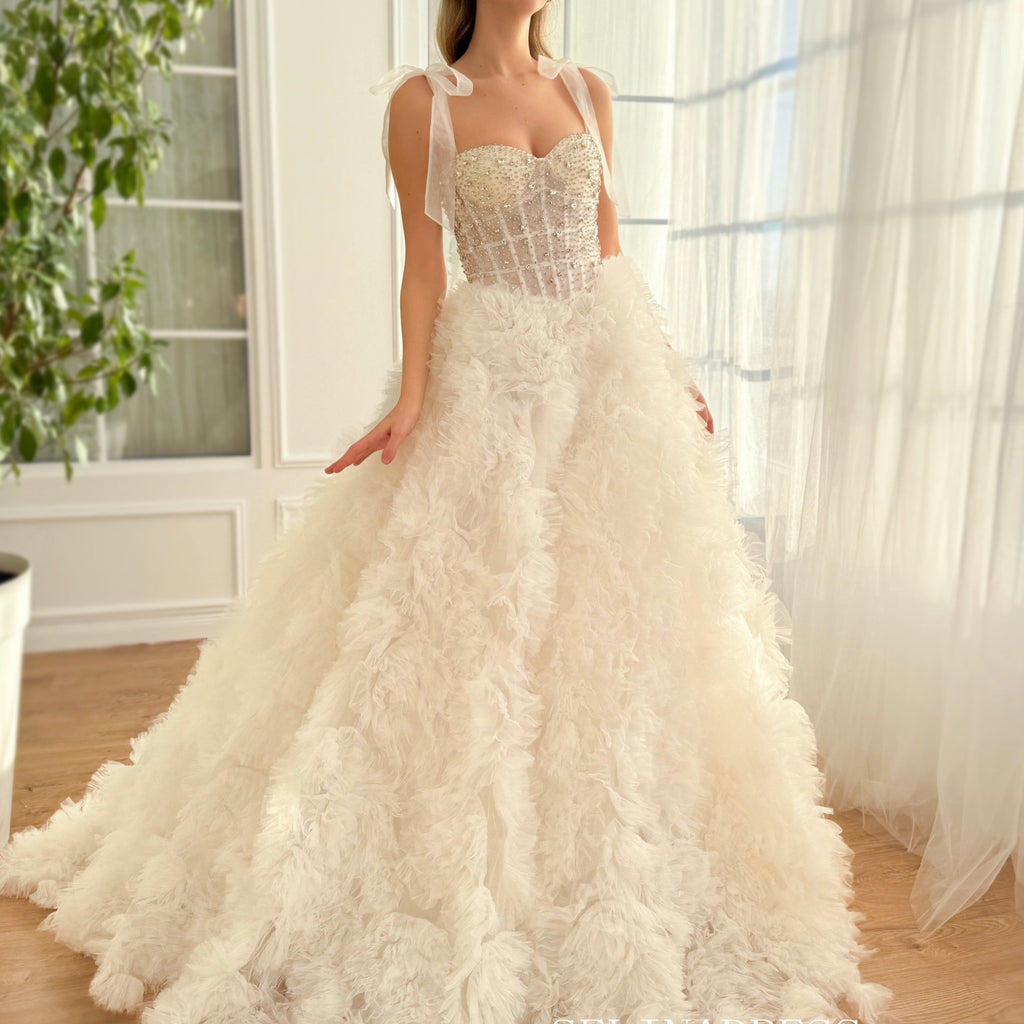 Eelgant A-Line Sweetheart White Wedding Dresses with Bow Back VK24041202 main image 1