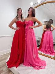 A-line Sweetheart Chiffon Long Prom Dresses With Flower Red Evening Dresses SEA301|Selinadress