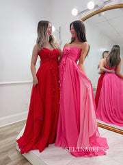 A-line Sweetheart Chiffon Long Prom Dresses With Flower Red Evening Dresses SEA301|Selinadress