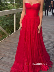 A-line Sweetheart Lace Long Prom Dress Red Evening Dress With High Split SQO005|Selinadress