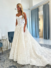 A-line Sweetheart Lace Wedding Dresses Rustic White Bridal Gowns CBA002|Selinadress