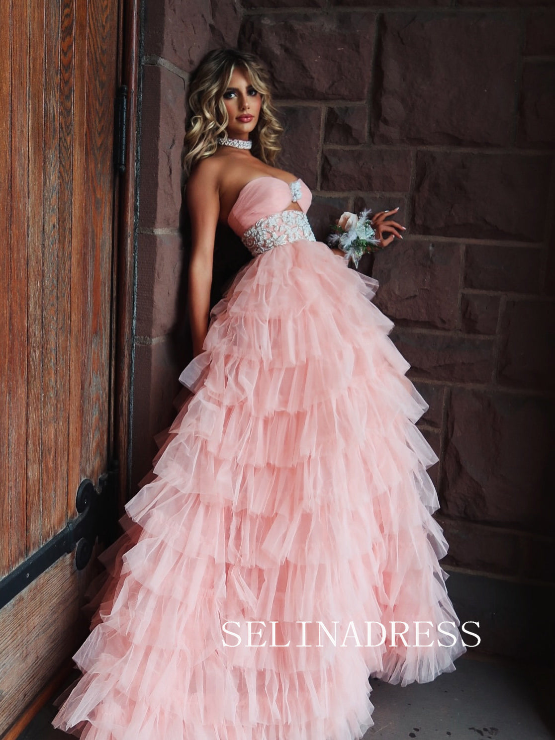 A-line Sweetheart Pink Long Prom Dress Ruffles Evening Dresses SEW1210|Selinadress