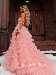 A-line Sweetheart Pink Long Prom Dress Ruffles Evening Dresses SEW1210|Selinadress