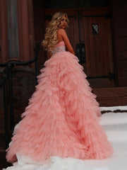 A-line Sweetheart Pink Long Prom Dress Ruffles Evening Dresses SEW1210|Selinadress
