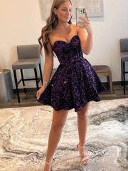A-Line Sweetheart Purple Sequin Short Homecoming Dress #sea100|Selinadress