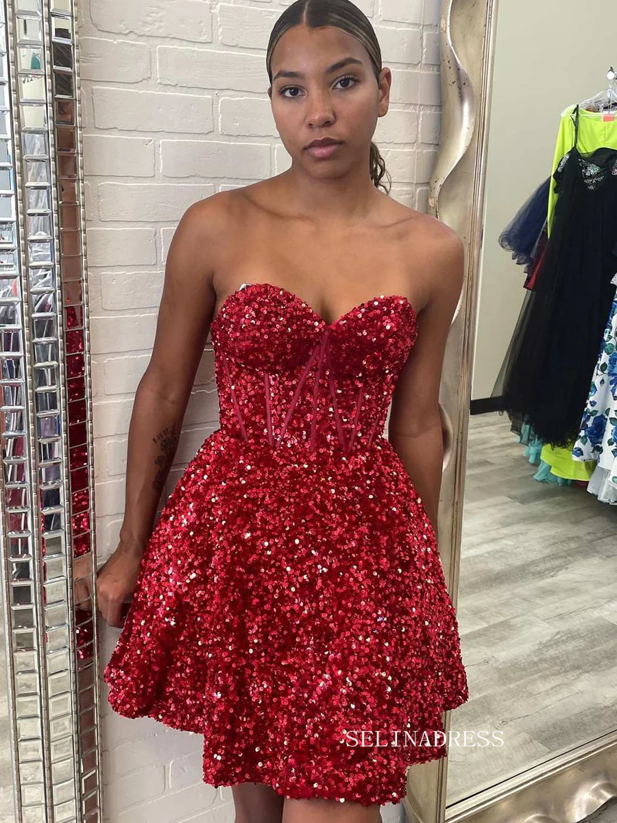 A-Line Sweetheart Purple Sequin Short Homecoming Dress #sea100 – SELINADRESS