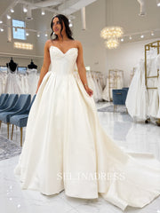 A-line Sweetheart Satin White Wedding Dresses With Train ABB001|Selinadress