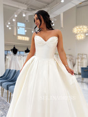 A-line Sweetheart Satin White Wedding Dresses With Train ABB001|Selinadress