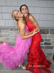 A-line Sweetheart Tulle Long Prom Dress Hot Pink Formal Dress SQW031|Selinadress
