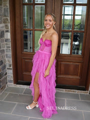 A-line Sweetheart Tulle Long Prom Dress Hot Pink Formal Dress SQW031|Selinadress