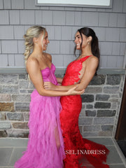 A-line Sweetheart Tulle Long Prom Dress Hot Pink Formal Dress SQW031|Selinadress
