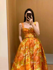 A-line Tea Length Prom Dress Orange Floral Cute Homecoming Dresses #ANN002|Selinadress