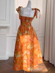 A-line Tea Length Prom Dress Orange Floral Cute Homecoming Dresses #ANN002|Selinadress