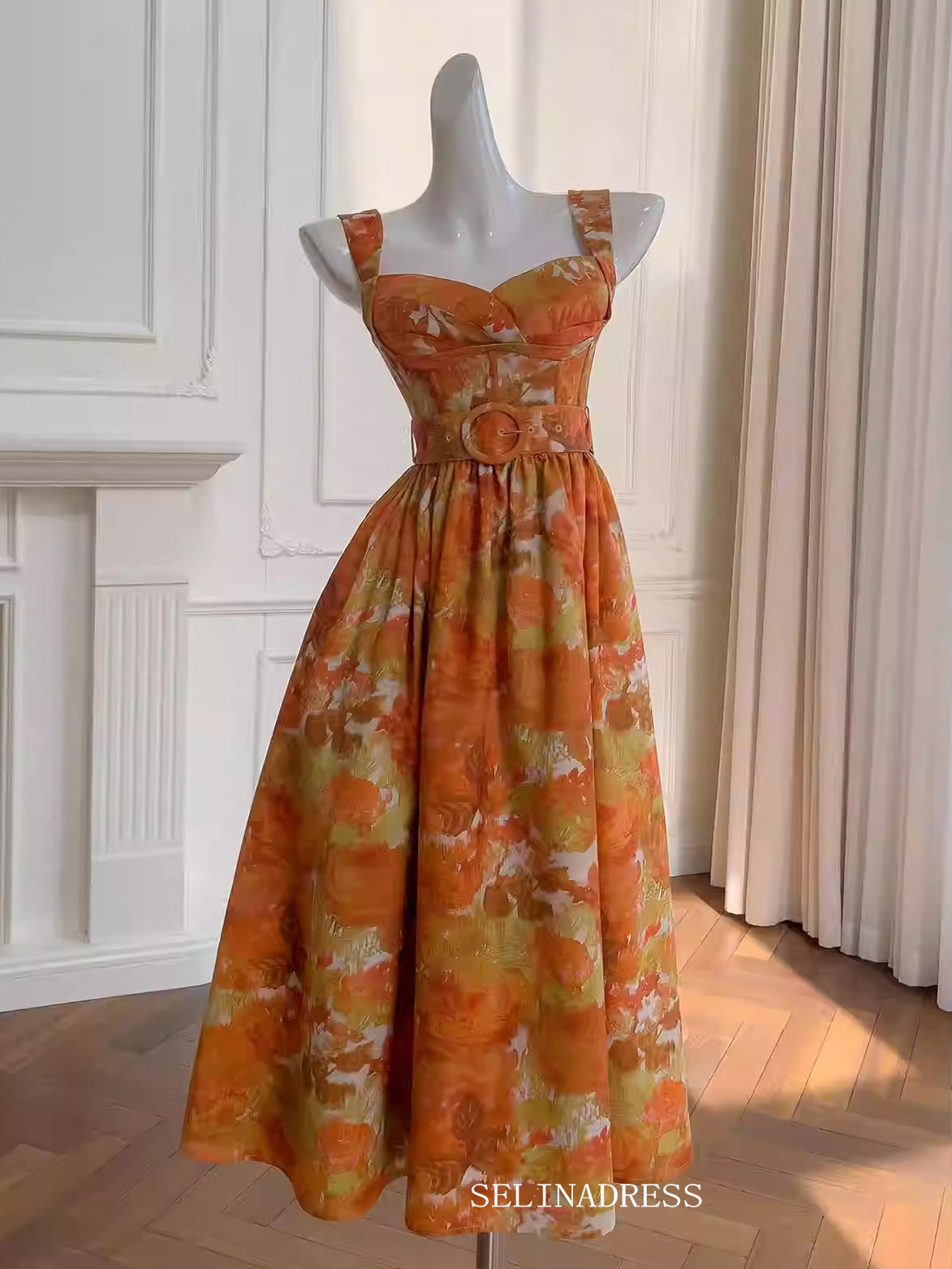 A-line Tea Length Prom Dress Orange Floral Cute Homecoming Dresses #ANN002|Selinadress