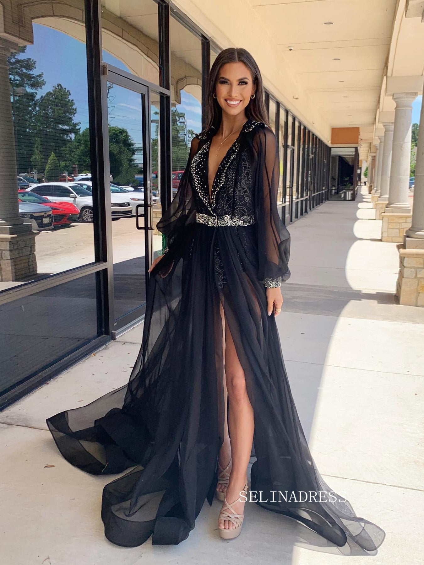 A-line V neck Black Beaded Long Sleeve Prom Dress with Slit SEW1132|Selinadress