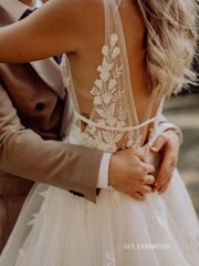 A-line V neck Country Wedding Dresses Applique Bridal Gown SEA061|Selinadress