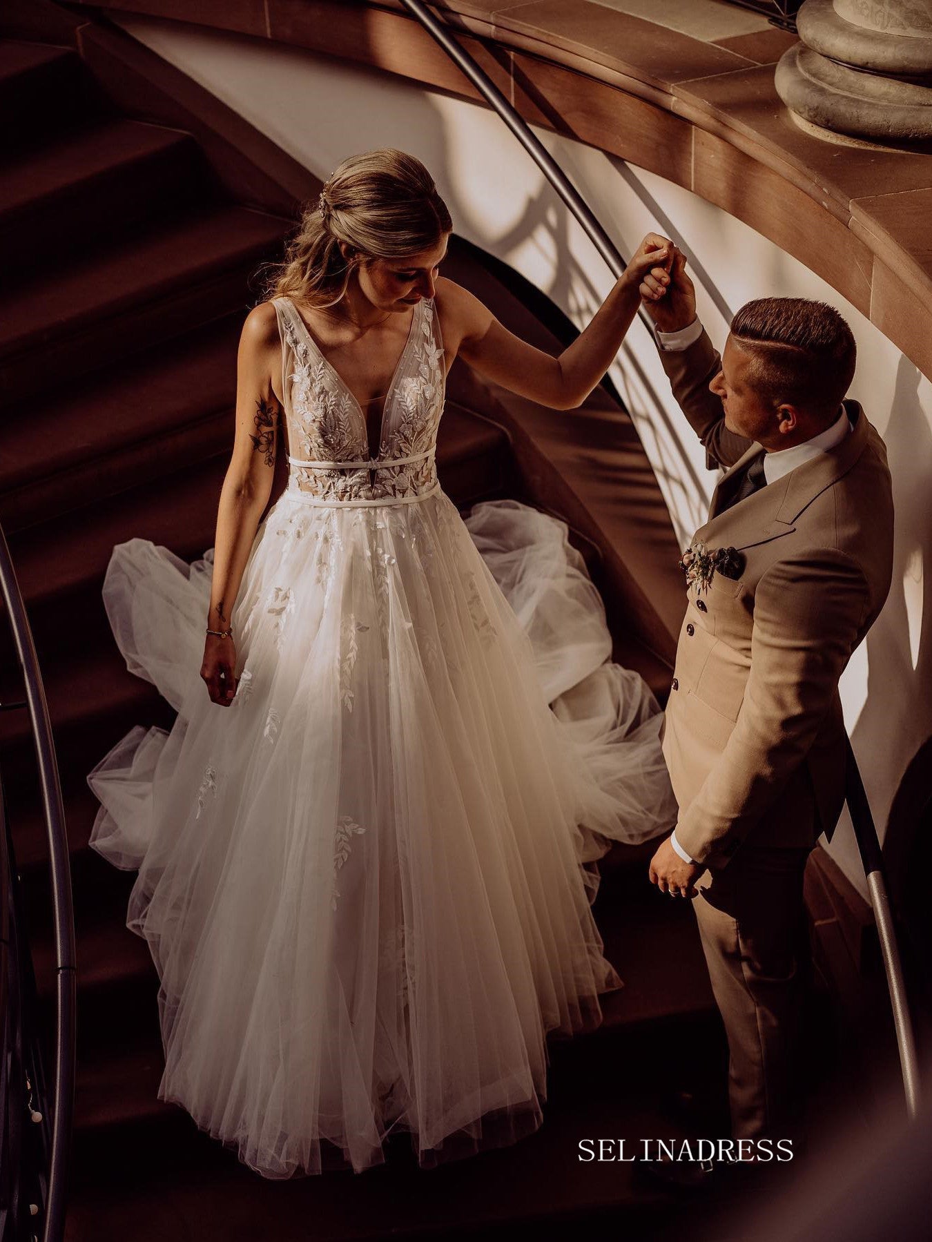 A-line V neck Country Wedding Dresses Applique Bridal Gown SEA061|Selinadress