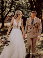 A-line V neck Country Wedding Dresses Applique Bridal Gown SEA061|Selinadress