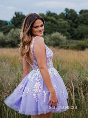 A-line V neck Embroidery Floral Short Homecoming Dress #SEA039|Selinadress