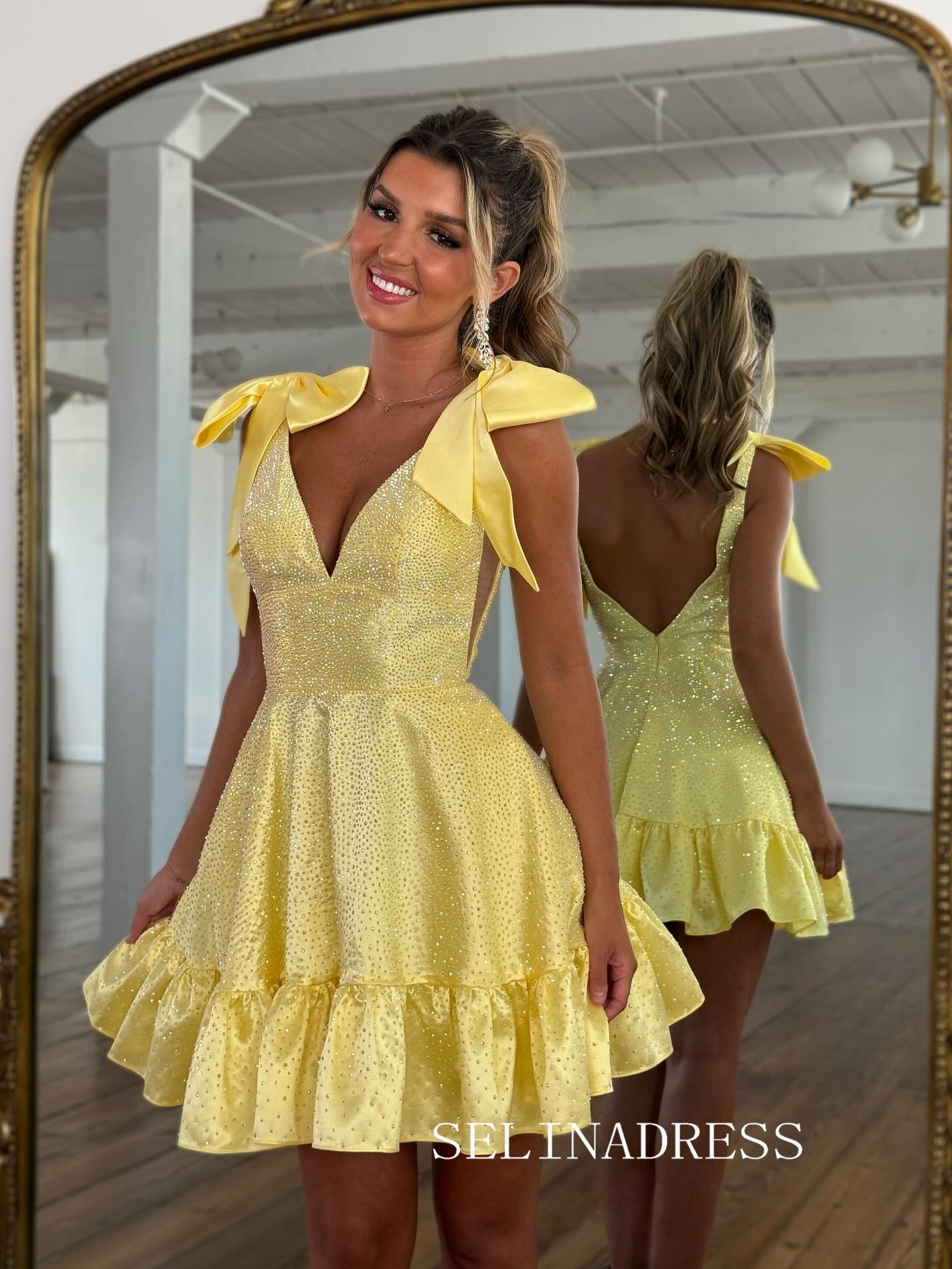 A-line V neck Hot Stones Short Homecoming Dress With Bowknot #SEA257|Selinadress