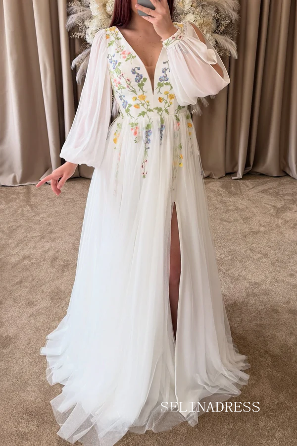 A-line V neck Ivory Embroidered Wedding Dress with Long Sleeve V neck Neckline Prom Dress TKL806|Selinadress