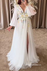 A-line V neck Ivory Embroidered Wedding Dress with Long Sleeve V neck Neckline Prom Dress TKL806|Selinadress