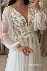 A-line V neck Ivory Embroidered Wedding Dress with Long Sleeve V neck Neckline Prom Dress TKL806|Selinadress