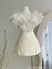 A-line V neck Ivory Short Homecoming Dresses Hoco Dress #EWR567|Selinadress